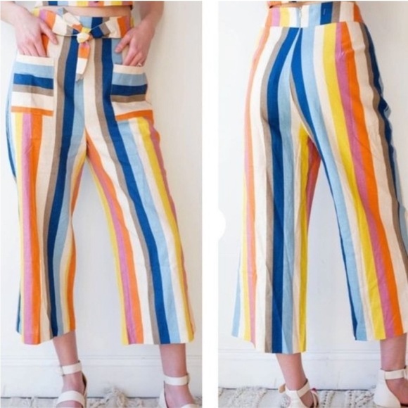 Gilli Pants - Gilli Colorful Striped Linen Tie High Waist Wide Leg Culotte Pants Size L